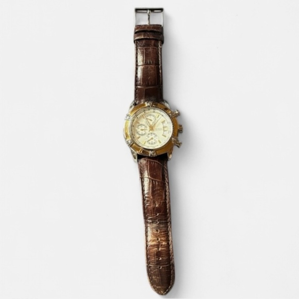 GUESS Men’s Chronograph Watch Gold Tone Brown Leather Tachymeter Silver Dial